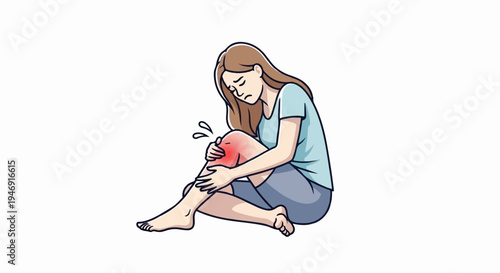Young woman sitting on floor, clutching sore knee, red inflammation visible