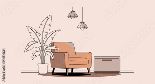 Cozy Minimalist Living Room with Armchair, Plant, and Light Pink Wall