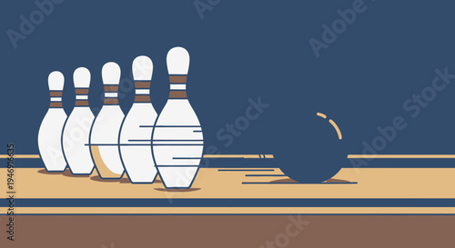 Bowling Pins and Ball Approaching on Lane in Dark Blue Background