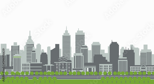 Modern Cityscape with Skyscrapers and Green Park in Flat Illustration