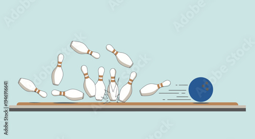 Dynamic Bowling Pins Falling After Strike by Blue Ball on Lane
