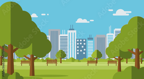 Serene City Park with Green Trees, Benches, and Urban Skyline in Background