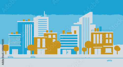 Modern City Skyline with Buildings and Cars on Street Under Blue Sky