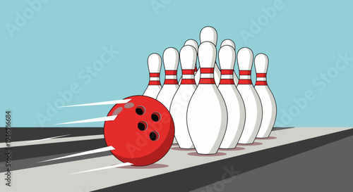 Red Bowling Ball Rolling Towards White Pins on Alley Lane
