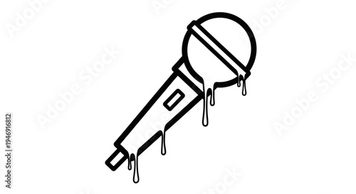 Artistic Black Outline of Microphone Dripping Liquid on Isolated White Background