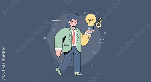 Animated figure holds glowing lightbulb and gears, symbolizing innovation
