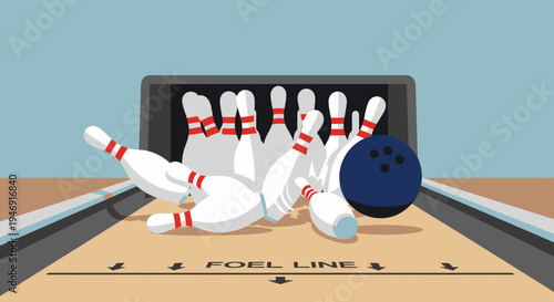 Blue bowling ball striking white pins on a wooden lane with "FOUL LINE" text, action shot in a bowling alley.
