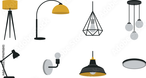 Minimalist modern lighting fixtures with tripod floor lamp arching lamp globe lights wall sconce industrial pendant in matte black mustard yellow light gray for home lighting design