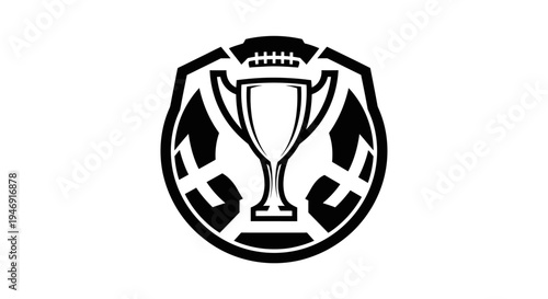 Sports trophy within a shield emblem with soccer ball patterns, representing victory and athletic achievement on an isolated white background.