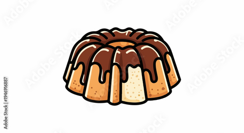 A cartoon bundt cake with rich chocolate glaze dripping down its sides