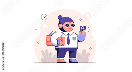 Cartoon figure with briefcase and camera, wearing glasses