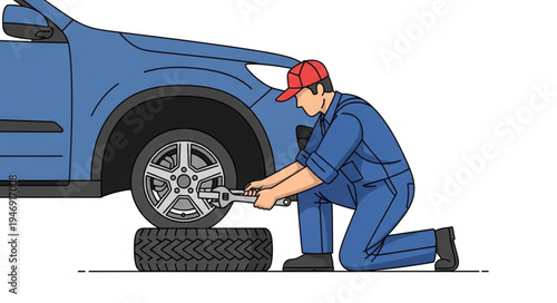 Man changing car tire outdoors.