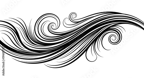 Abstract black swirling wavy lines, decorative organic design element on an isolated white background.