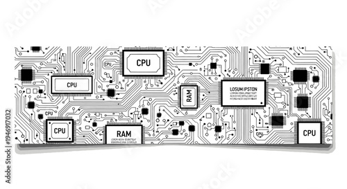 Detailed electronic circuit board pattern with CPU and RAM chips, abstract technology background on an isolated white background.