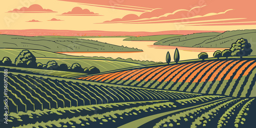 USA, US, U.S, United States - Finger Lakes Vineyard Sunset – Rolling Hills, Scenic Countryside, and Lake Panorama in the United States