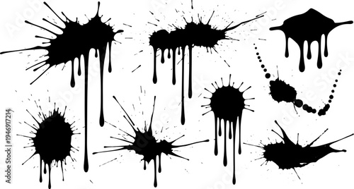 Black ink splashes and drips in various sizes and shapes on a white background
