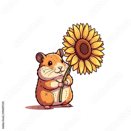 A cute cartoon hamster holding a large, vibrant sunflower with a happy expression on a white background, in a friendly illustration style.