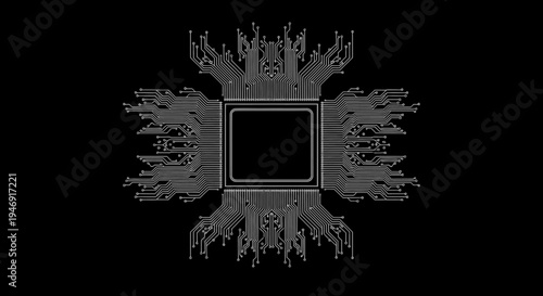 Glowing Microchip Processor Illustration with Detailed Circuitry on Dark Background, Futuristic CPU Chip Design with Bright Lines