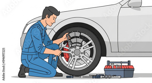 Man changing car tire outdoors.