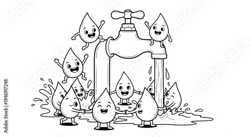 Happy Cartoon Water Droplets Playing Around a Running Faucet Illustration on Isolated White Background, Cheerful Water Characters