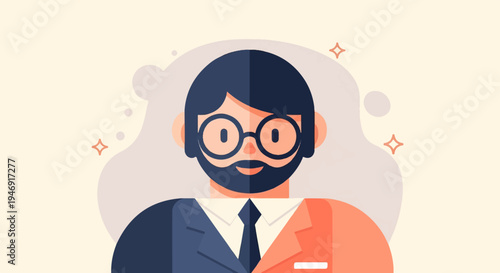 Stylized cartoon man with glasses, beard, and split suit