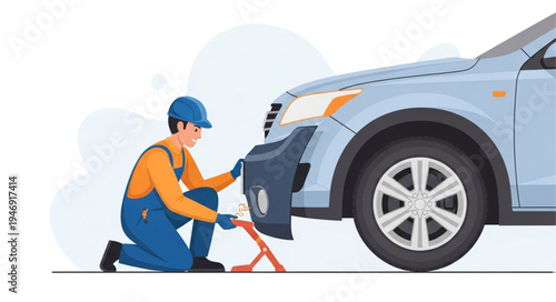 Man changing car tire roadside.