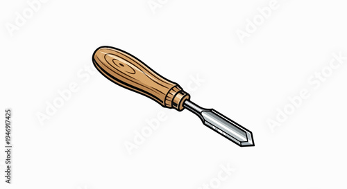 A detailed illustration of a woodworking chisel with a beveled metal blade and a curved wooden handle