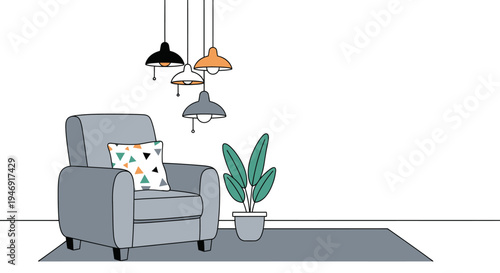 Modern Living Room Interior with Armchair and Potted Plant, Minimalist Design.