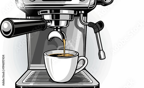 A chrome espresso machine brews a rich coffee into a white ceramic cup