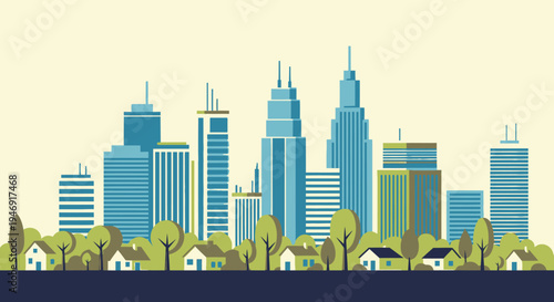 Colorful City Skyline with Modern Buildings and Houses, Urban Landscape.