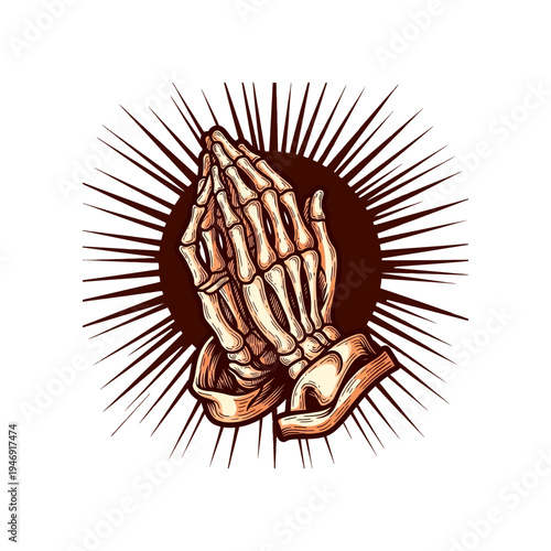 Detailed illustration of skeleton hands clasped in prayer with a radiating sunburst background, depicting a macabre yet spiritual theme.