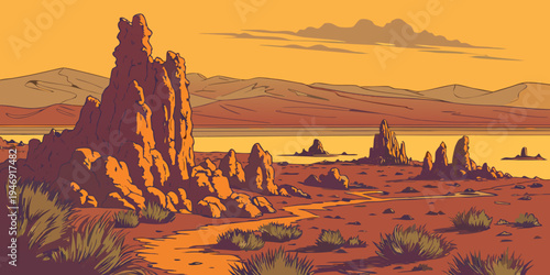 USA, US, U.S, United States - Mono Lake Tufa Towers at Sunset – Surreal Limestone Formations and Unique Eastern Sierra Landscape Panorama in the United States