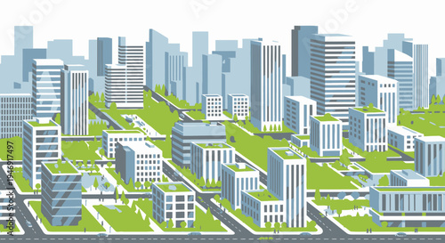 Modern City Skyline with Green Roofs and Urban Landscape, Illustration.