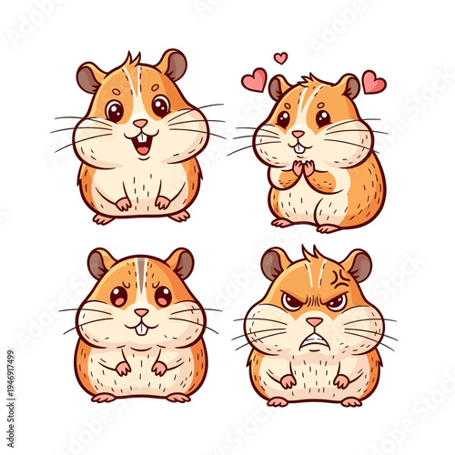 Four adorable cartoon hamsters displaying a range of emotions from happy and loving to content and angry, isolated on a white background.