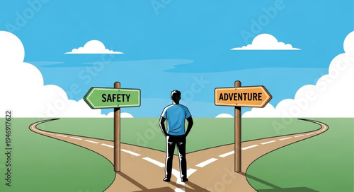 Man choosing between safety adventure.