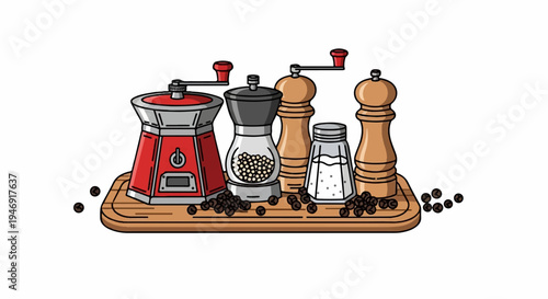 A collection of pepper grinders and a salt shaker arranged on a wooden board with scattered peppercorns