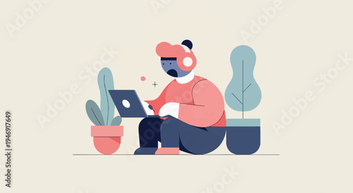 Stylized figure in headphones uses laptop surrounded by potted plants