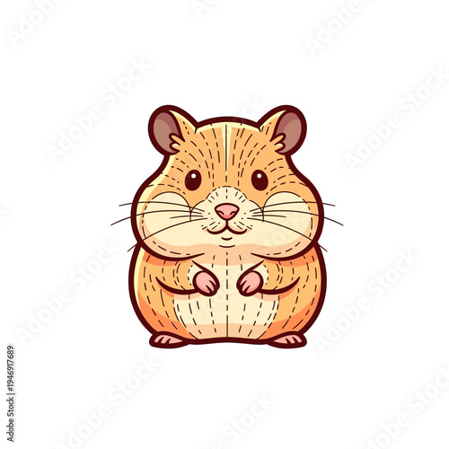 Cute cartoon hamster with big cheeks and small ears standing on a white background.