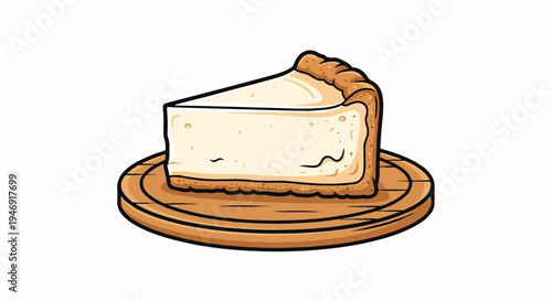 A triangular slice of cheesecake with a golden-brown crust rests on a wooden board
