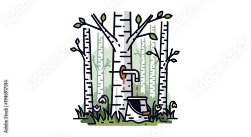 Birch sap collection from a tree with a tap into a bucket