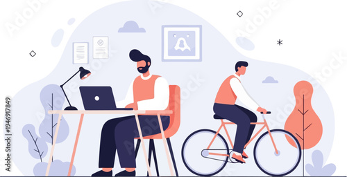 Man at desk with laptop, man on bicycle, flat design illustration