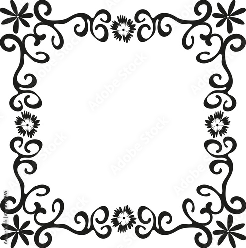 Hand drawn quadrangular rough doodle frame with floral pattern