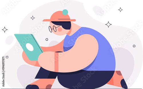 Stylized person in hat and glasses uses tablet on abstract background