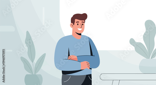 Cheerful man with crossed arms in a modern, plant-filled room