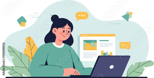 Smiling woman with dark hair at laptop with charts and chat bubbles