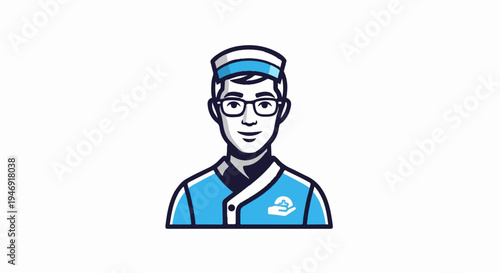 Cartoon illustration of a friendly person in a uniform, wearing glasses