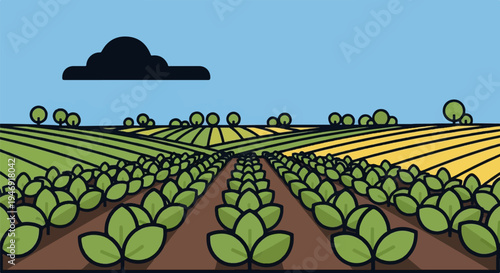 Vibrant rows of young crops stretch across rolling hills under a bright sky with a dark cloud