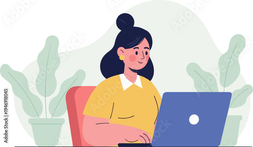 Flat design of a woman working on a laptop amidst houseplants, with a soft background
