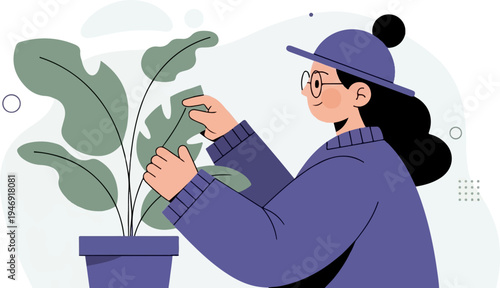 A stylized person in a purple sweater and hat tending to a large green plant in a purple pot