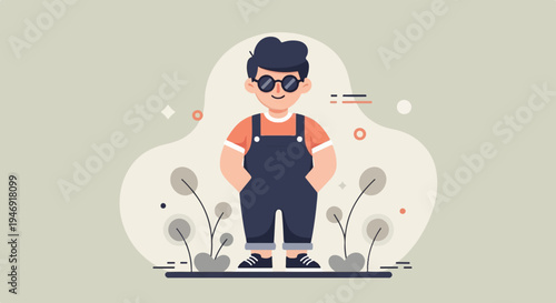 A stylized figure in overalls and sunglasses stands with hands in pockets, amidst abstract shapes and minimalist plants